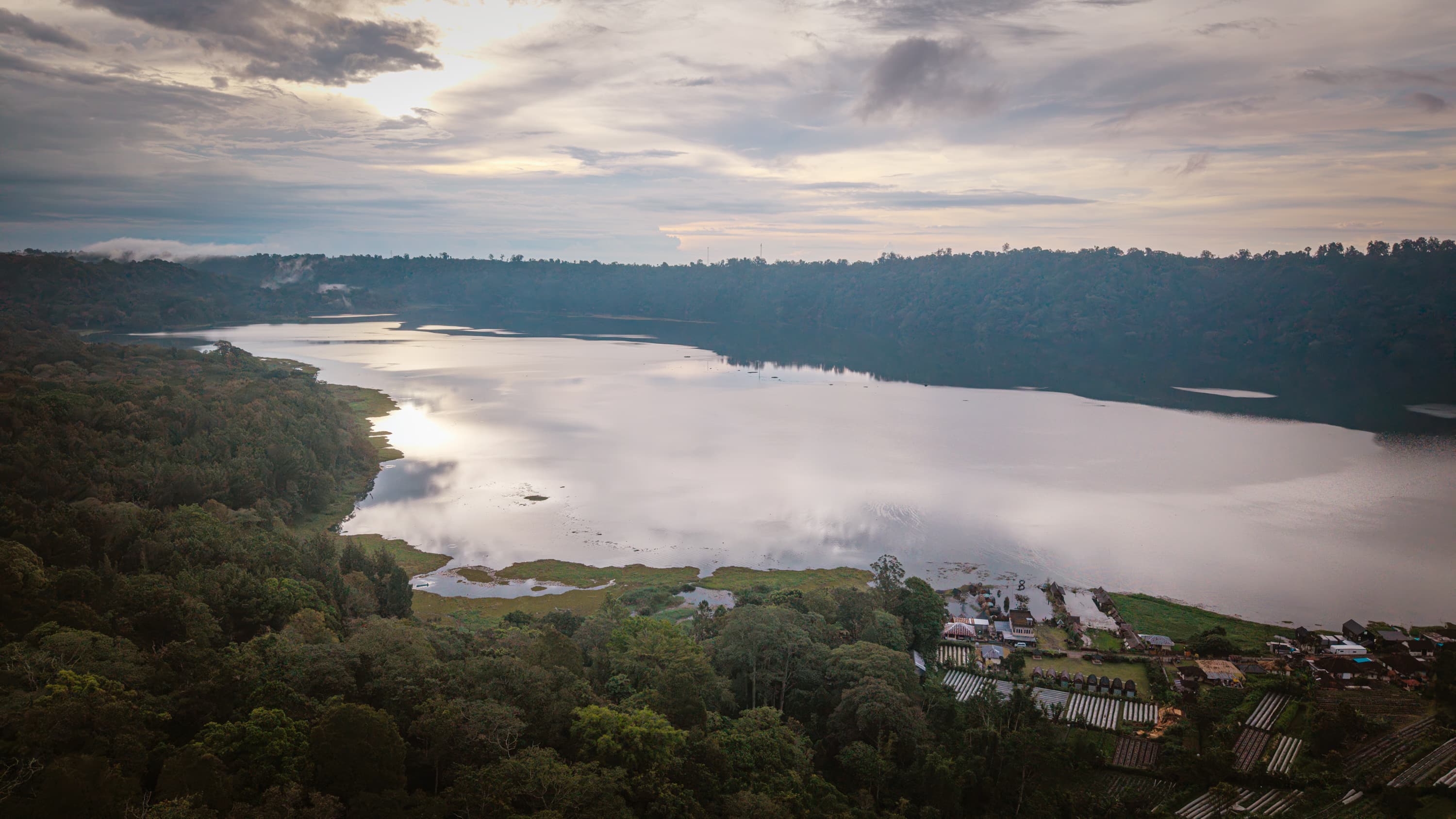 Lake Buyan from above, surrounded by highland jungle